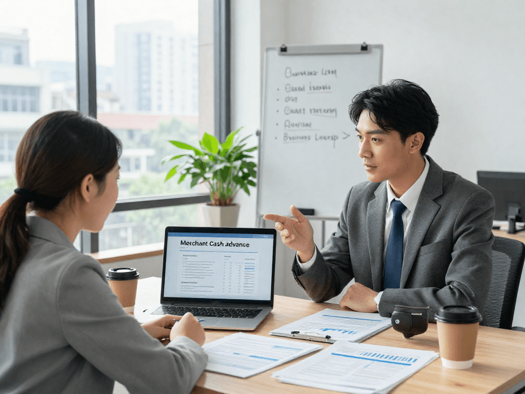 Business owner exploring merchant cash advance vs business loan options with a financial advisor.