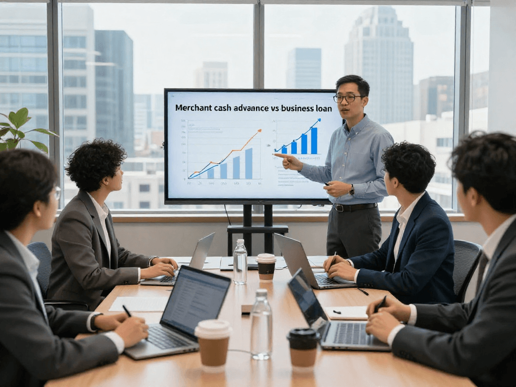 Dynamic office meeting discussing merchant cash advance vs business loan options, showcasing team collaboration and financial analysis.